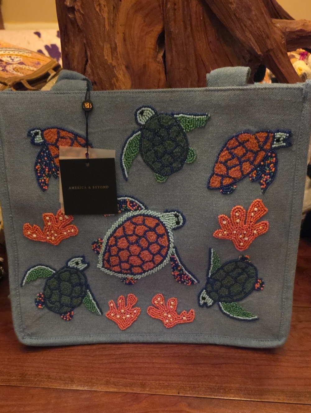 America & Beyond Blue Beaded Turtle Tote Bag
